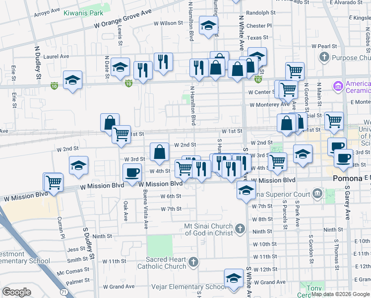 map of restaurants, bars, coffee shops, grocery stores, and more near 1112 West 2nd Street in Pomona