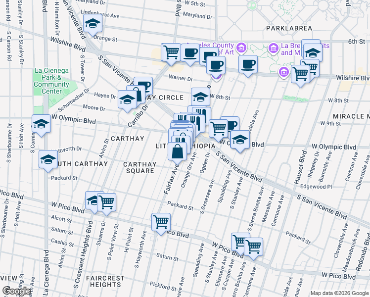map of restaurants, bars, coffee shops, grocery stores, and more near 2 Fairfax Avenue in Los Angeles