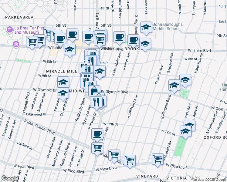 map of restaurants, bars, coffee shops, grocery stores, and more near 5169 West Olympic Boulevard in Los Angeles