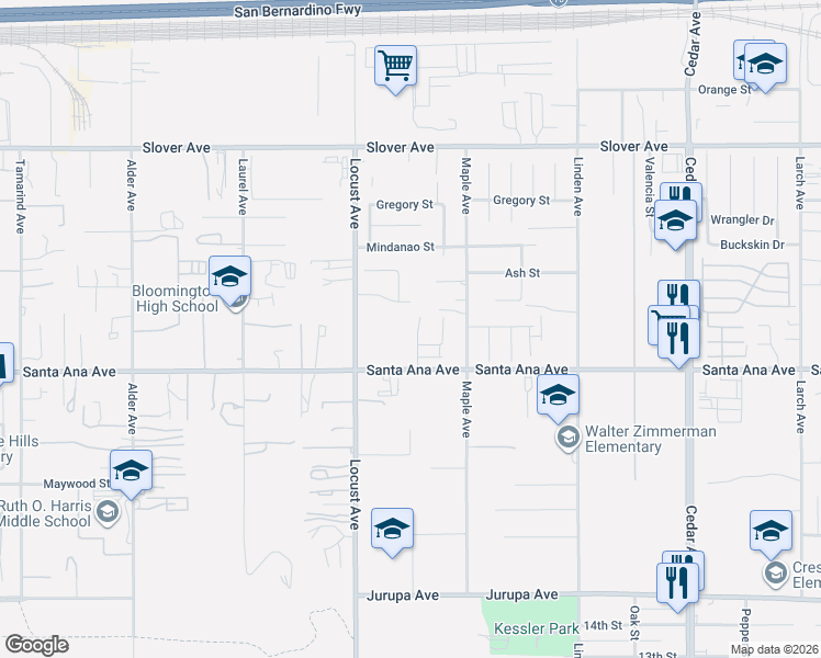 map of restaurants, bars, coffee shops, grocery stores, and more near 18179 Byrne Street in Bloomington