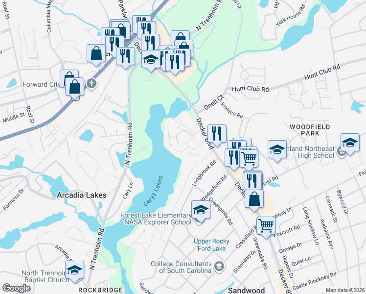 map of restaurants, bars, coffee shops, grocery stores, and more near 1 Arcadia Cove in Columbia