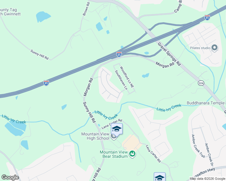 map of restaurants, bars, coffee shops, grocery stores, and more near 2536 Gristhaven Lane in Buford