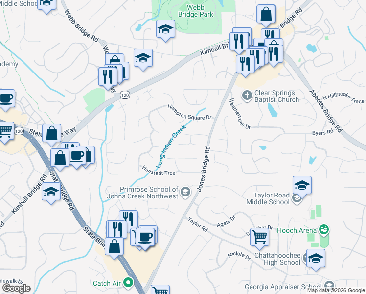 map of restaurants, bars, coffee shops, grocery stores, and more near 215 Jones Bridge Place Circle in Alpharetta