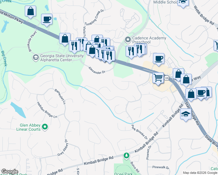 map of restaurants, bars, coffee shops, grocery stores, and more near 2030 Brooke Forest Court in Alpharetta