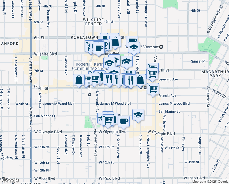 map of restaurants, bars, coffee shops, grocery stores, and more near 810 Fedora Street in Los Angeles