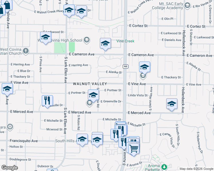 map of restaurants, bars, coffee shops, grocery stores, and more near 1642 East Vine Avenue in West Covina
