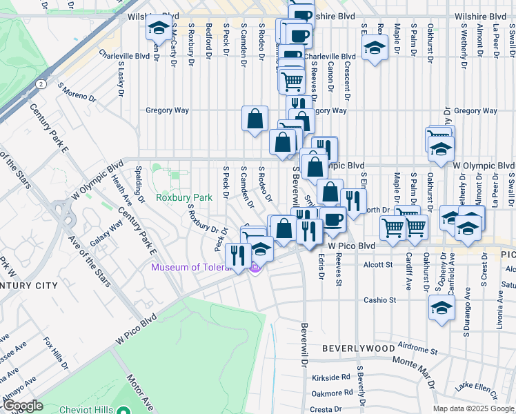 map of restaurants, bars, coffee shops, grocery stores, and more near 463 South Rodeo Drive in Beverly Hills