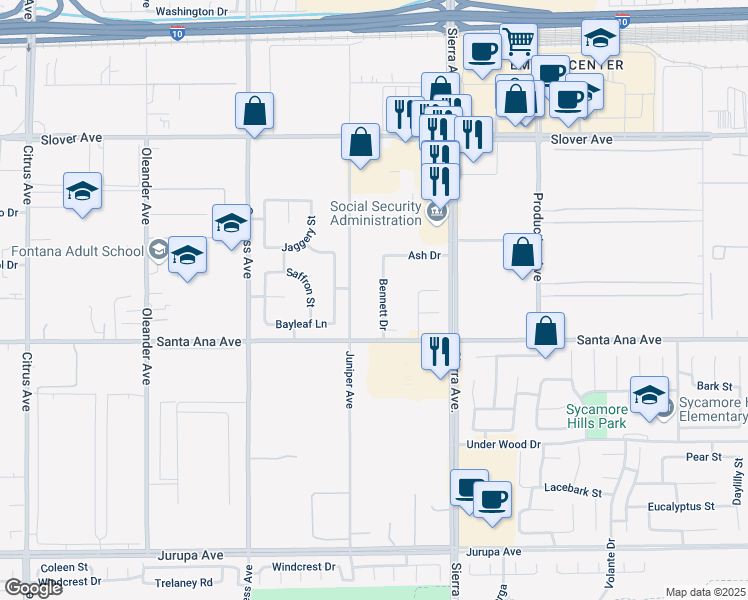 map of restaurants, bars, coffee shops, grocery stores, and more near 10805 Juniper Avenue in Fontana
