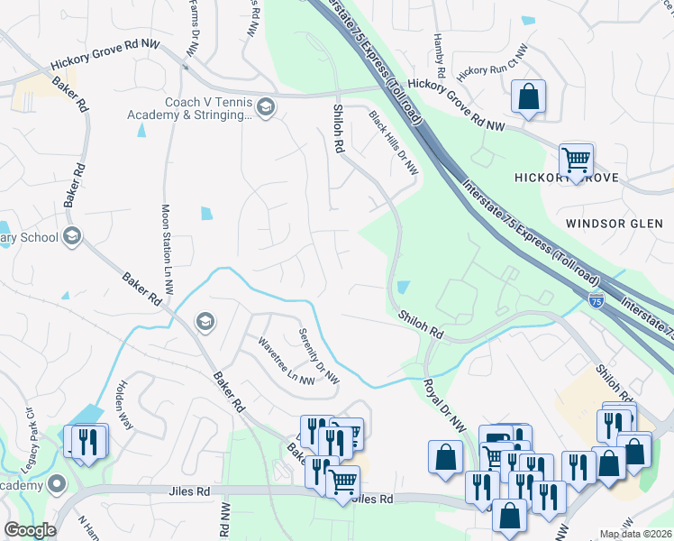 map of restaurants, bars, coffee shops, grocery stores, and more near 4010 Maple Ridge Lane Northwest in Acworth