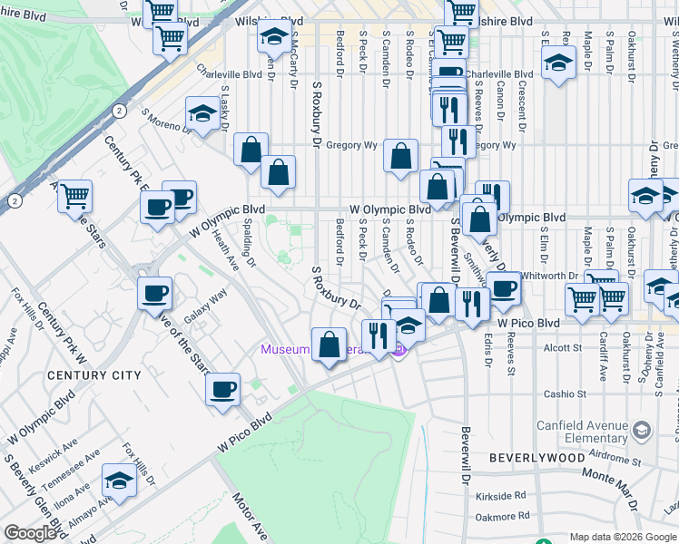 map of restaurants, bars, coffee shops, grocery stores, and more near 479 South Bedford Drive in Beverly Hills