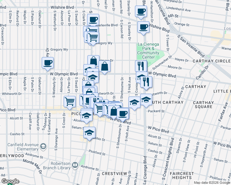 map of restaurants, bars, coffee shops, grocery stores, and more near 1064 South Bedford Street in Los Angeles
