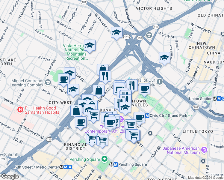 map of restaurants, bars, coffee shops, grocery stores, and more near 880 West 1st Street in Los Angeles