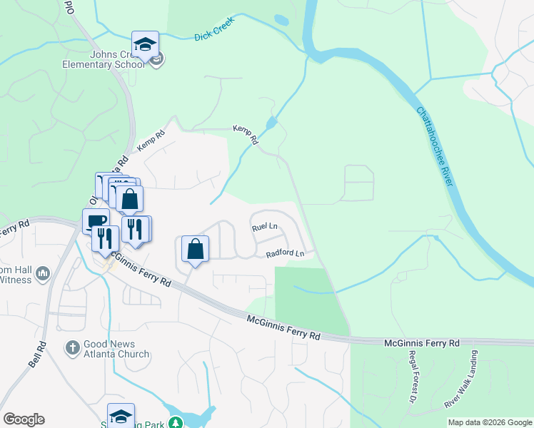 map of restaurants, bars, coffee shops, grocery stores, and more near 9055 Friarbridge Drive in Suwanee