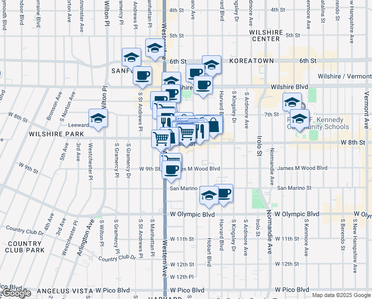 map of restaurants, bars, coffee shops, grocery stores, and more near 3516 West 8th Street in Los Angeles