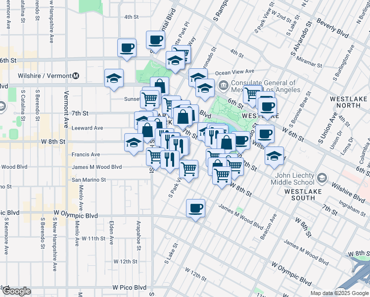 map of restaurants, bars, coffee shops, grocery stores, and more near 740 South Carondelet Street in Los Angeles