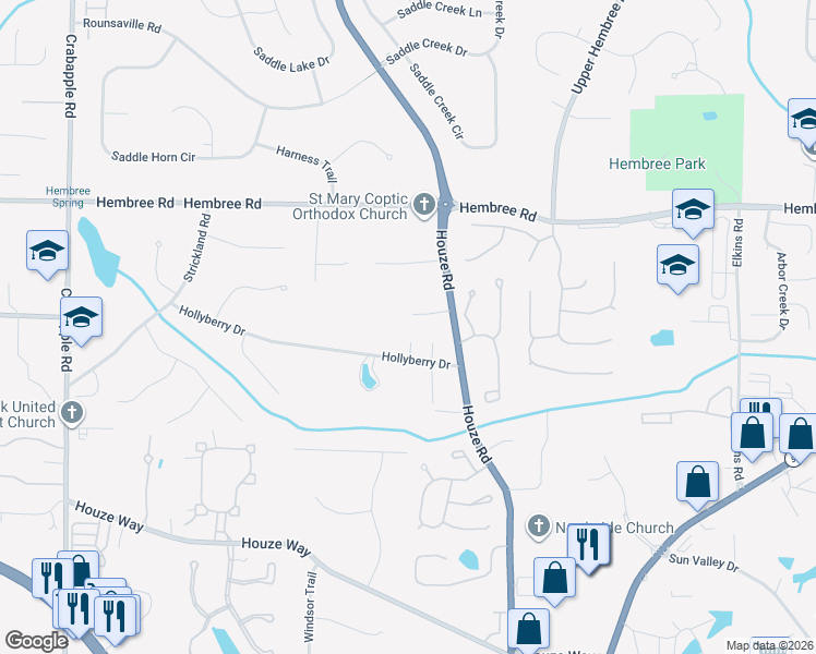 map of restaurants, bars, coffee shops, grocery stores, and more near 400 Hollyberry Drive in Roswell