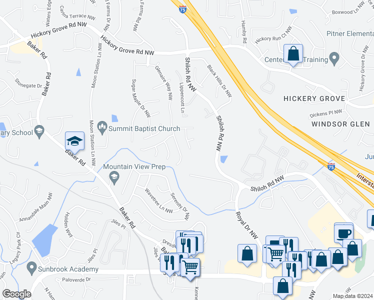 map of restaurants, bars, coffee shops, grocery stores, and more near 4003 Maple Ridge Lane Northwest in Acworth