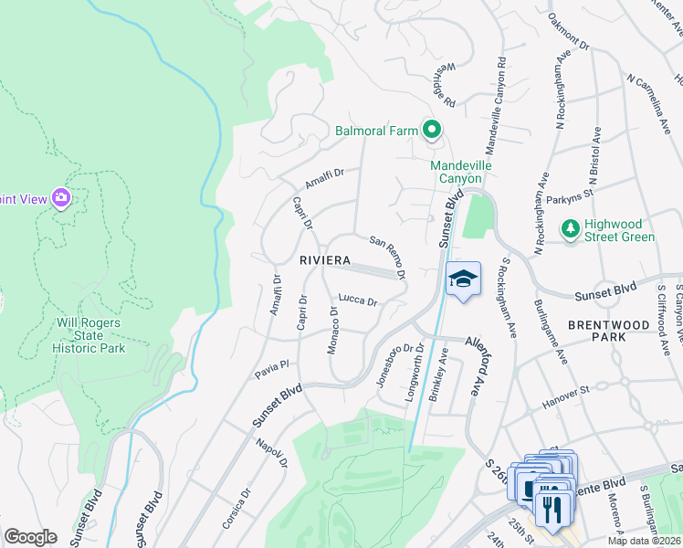 map of restaurants, bars, coffee shops, grocery stores, and more near 13574 D Este Drive in Los Angeles