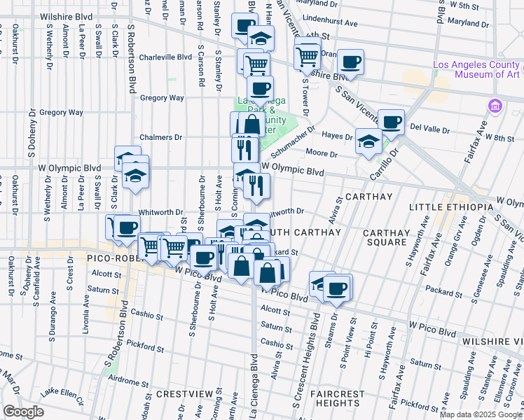 map of restaurants, bars, coffee shops, grocery stores, and more near 1070 South La Cienega Boulevard in Los Angeles