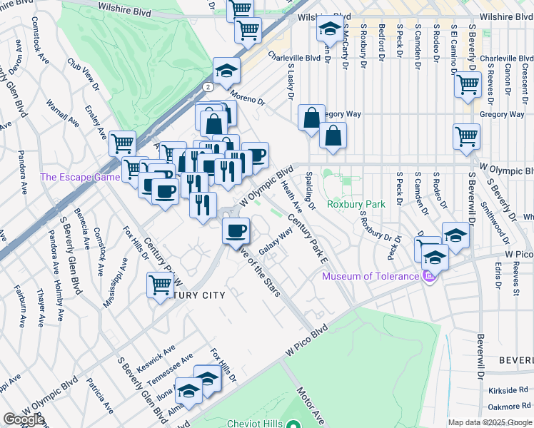 map of restaurants, bars, coffee shops, grocery stores, and more near 10101 Galaxy Way in Los Angeles