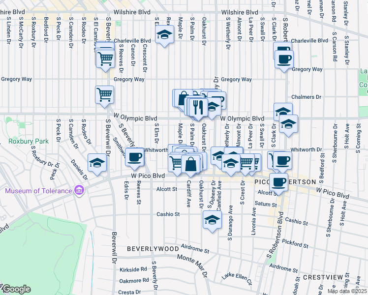 map of restaurants, bars, coffee shops, grocery stores, and more near 462 South Maple Drive in Beverly Hills