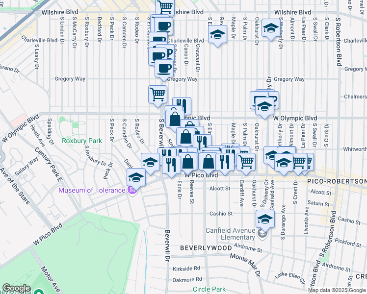 map of restaurants, bars, coffee shops, grocery stores, and more near 470 South Beverly Drive in Beverly Hills
