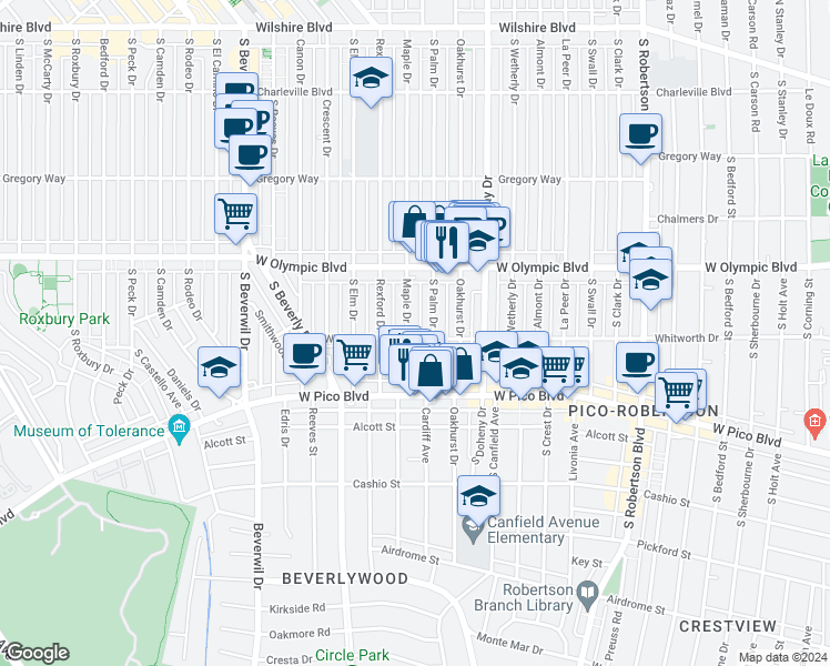 map of restaurants, bars, coffee shops, grocery stores, and more near 462 South Maple Drive in Beverly Hills