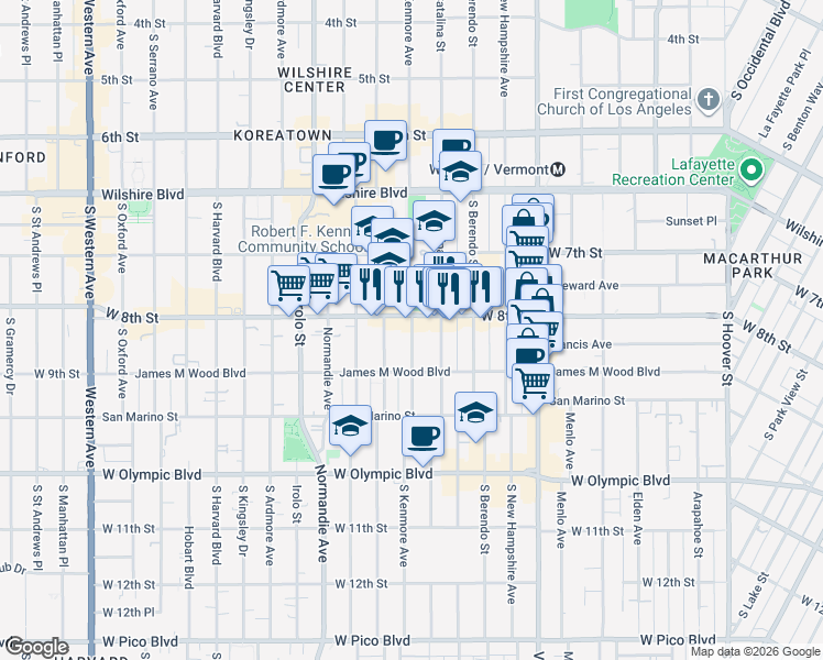 map of restaurants, bars, coffee shops, grocery stores, and more near 3142 West 8th Street in Los Angeles