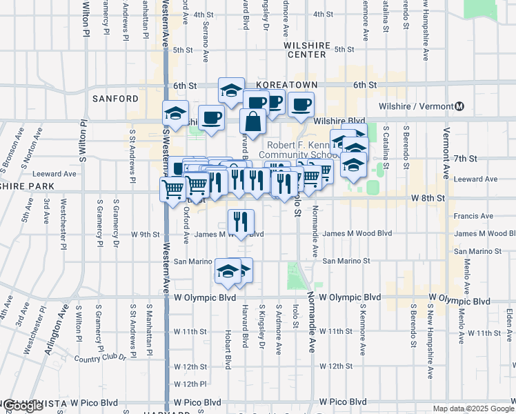 map of restaurants, bars, coffee shops, grocery stores, and more near 815 South Kingsley Drive in Los Angeles