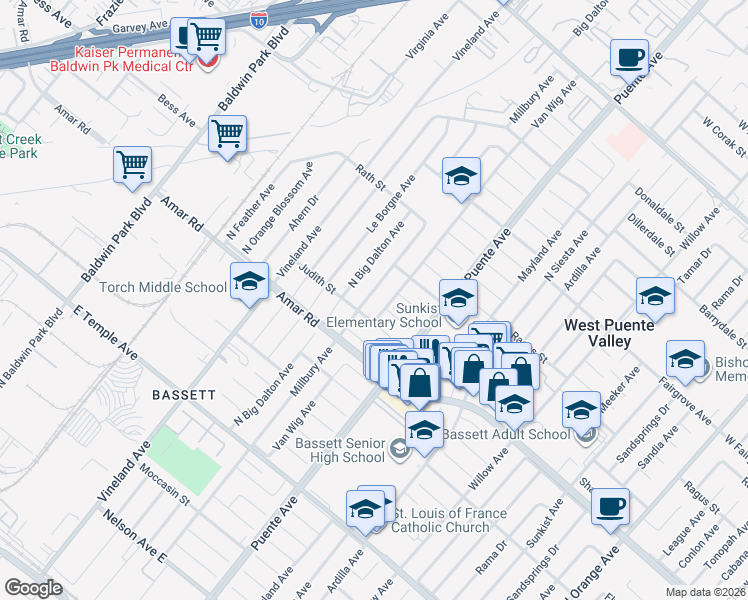 map of restaurants, bars, coffee shops, grocery stores, and more near 920 Millbury Avenue in La Puente