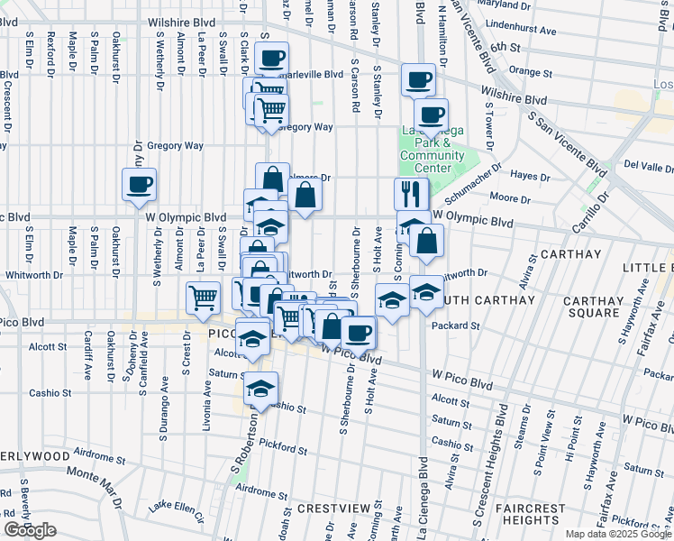 map of restaurants, bars, coffee shops, grocery stores, and more near 1070 South Bedford Street in Los Angeles