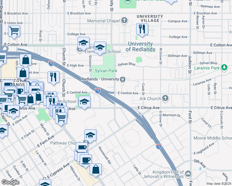 map of restaurants, bars, coffee shops, grocery stores, and more near 1001 East Central Avenue in Redlands