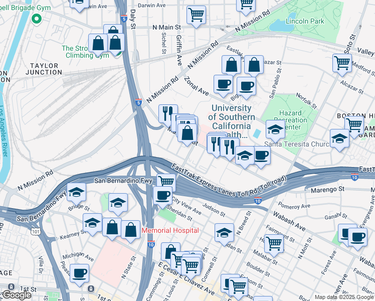 map of restaurants, bars, coffee shops, grocery stores, and more near 1043 North State Street in Los Angeles