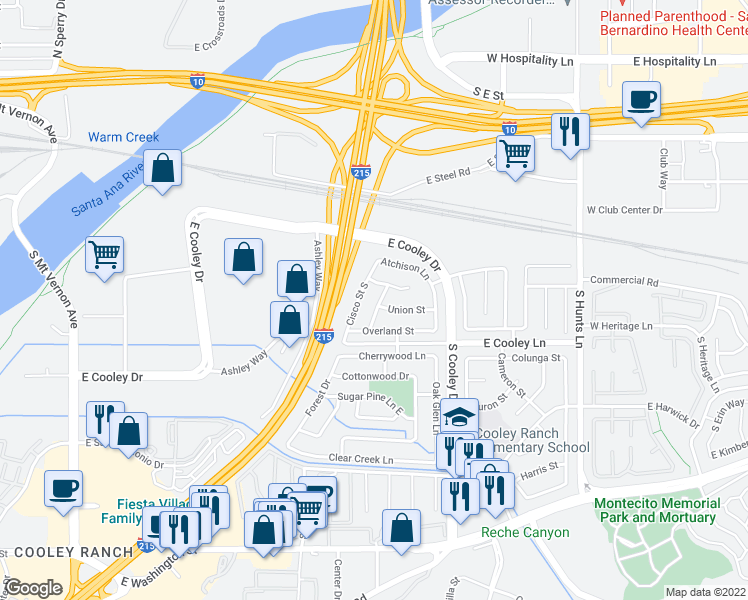 map of restaurants, bars, coffee shops, grocery stores, and more near 807 Santa Fe Lane in Colton