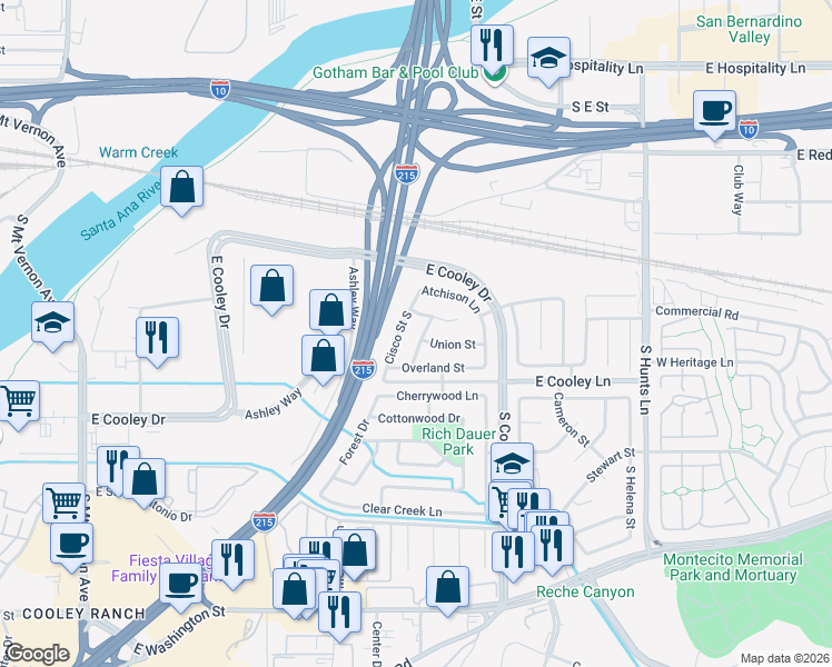 map of restaurants, bars, coffee shops, grocery stores, and more near 807 Santa Fe Lane in Colton