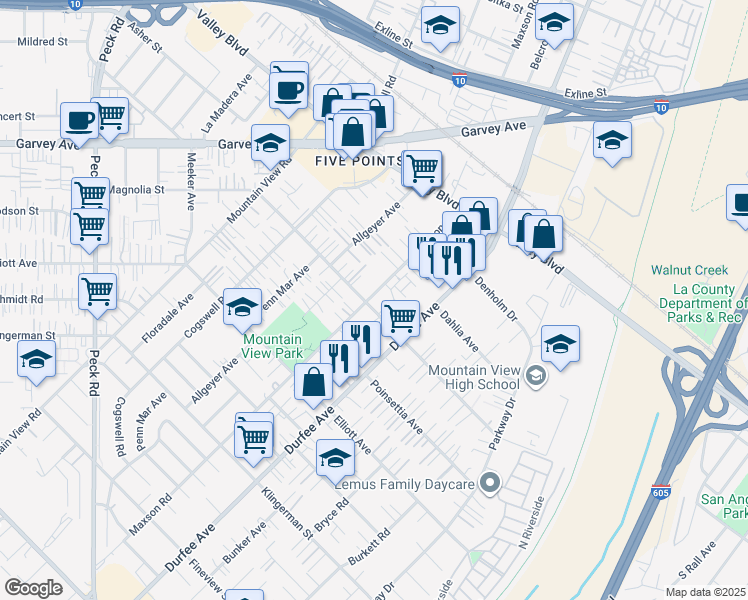 map of restaurants, bars, coffee shops, grocery stores, and more near 2810 Maxson Road in El Monte