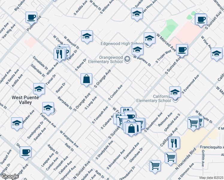 map of restaurants, bars, coffee shops, grocery stores, and more near 1630 South Forrest Avenue in West Covina