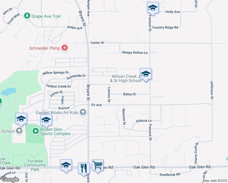 map of restaurants, bars, coffee shops, grocery stores, and more near 35466 Balsa Street in Yucaipa