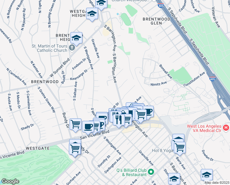 map of restaurants, bars, coffee shops, grocery stores, and more near 605 South Barrington Avenue in Los Angeles