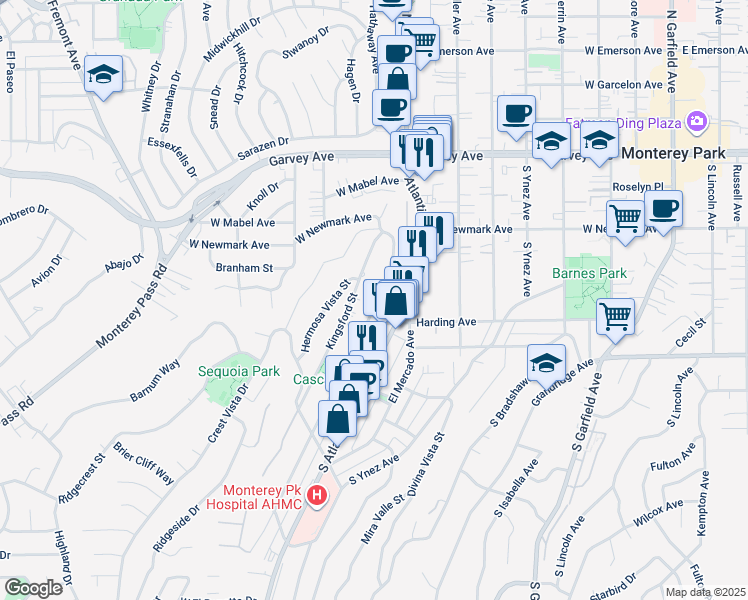 map of restaurants, bars, coffee shops, grocery stores, and more near 415 De La Fuente Street in Monterey Park