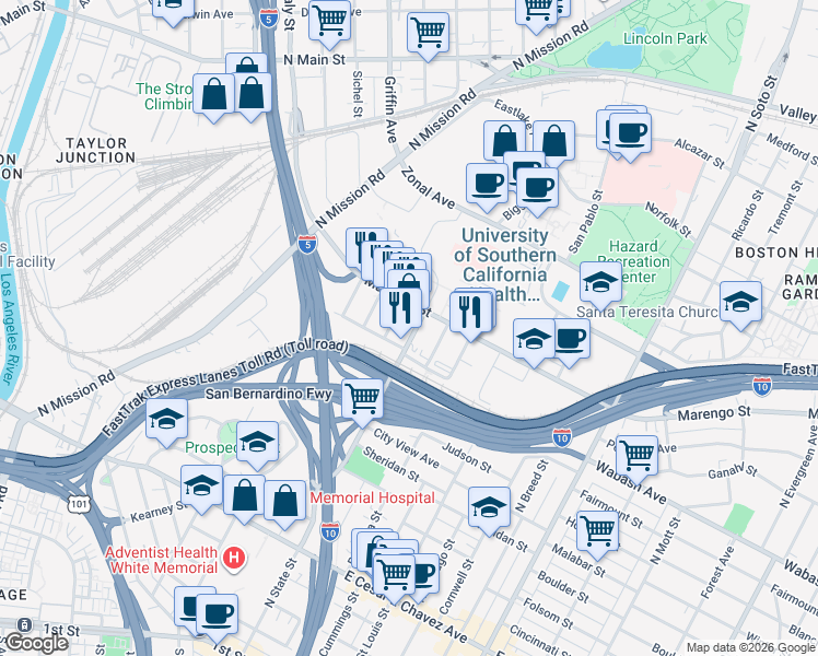map of restaurants, bars, coffee shops, grocery stores, and more near 1043 North State Street in Los Angeles