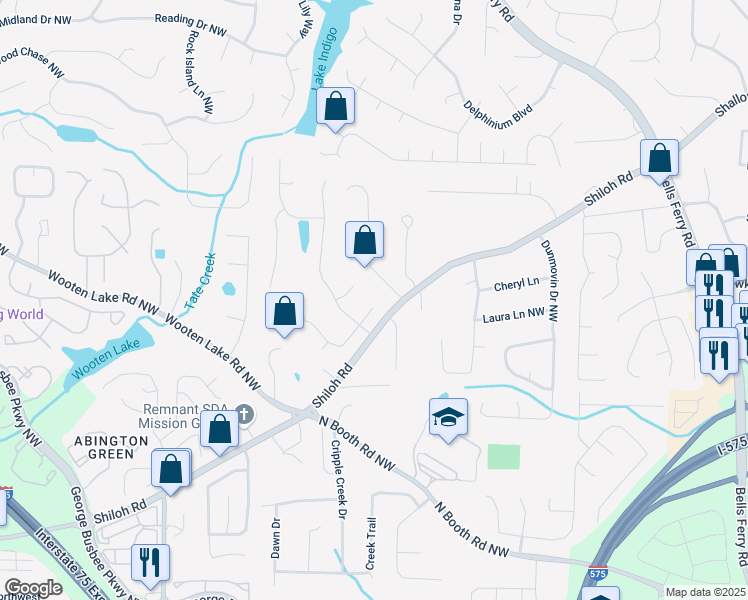 map of restaurants, bars, coffee shops, grocery stores, and more near 744 Edgewater Lane Northwest in Kennesaw