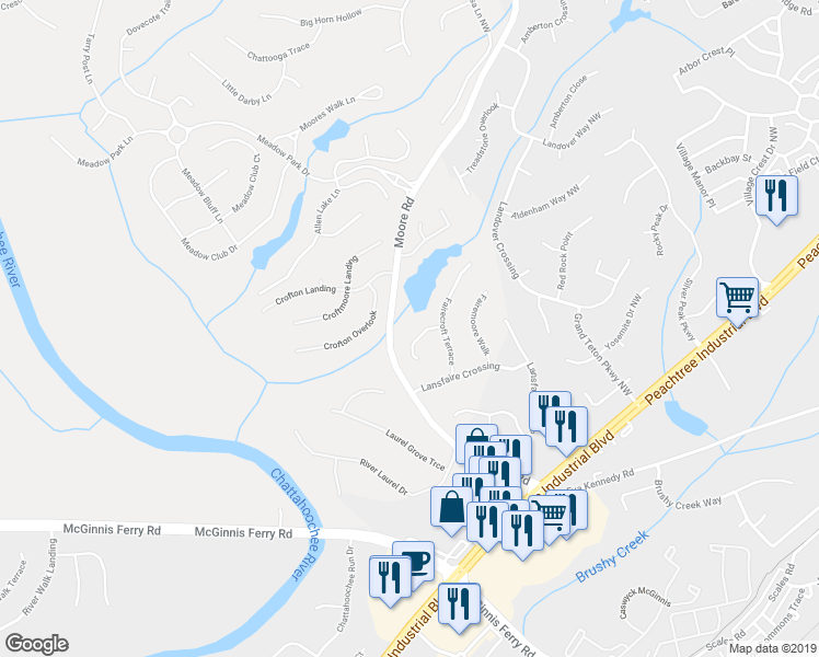 map of restaurants, bars, coffee shops, grocery stores, and more near 1031 Fairecroft Court in Suwanee