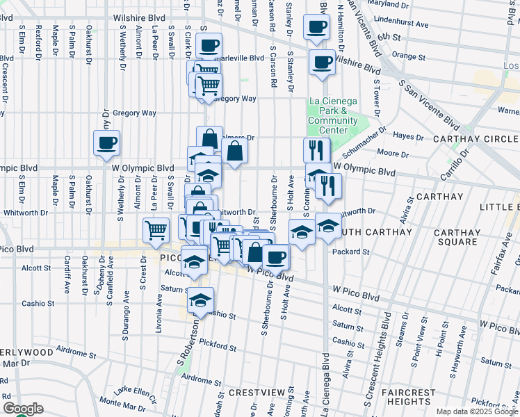 map of restaurants, bars, coffee shops, grocery stores, and more near 1070 South Bedford Street in Los Angeles