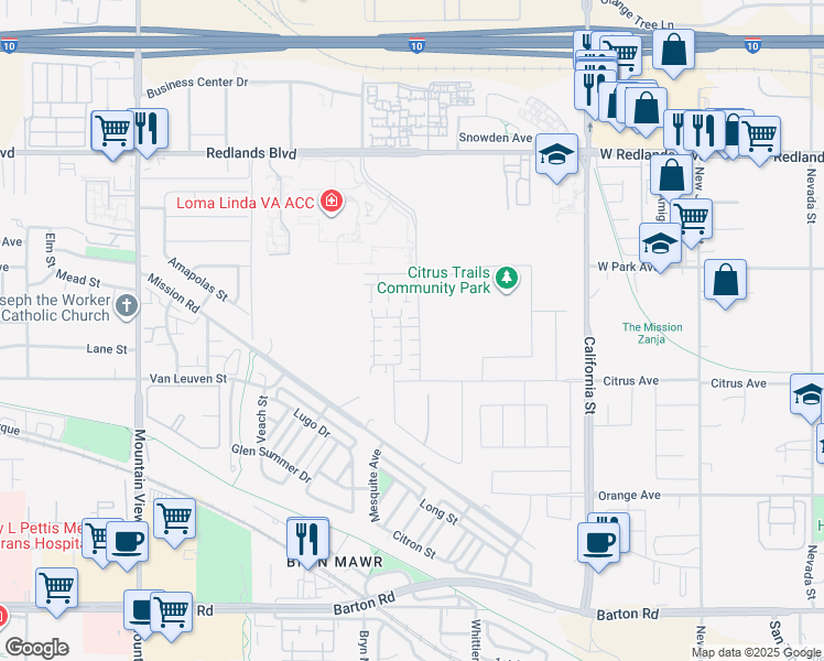 map of restaurants, bars, coffee shops, grocery stores, and more near 10700-10898 Hampton Drive in Redlands
