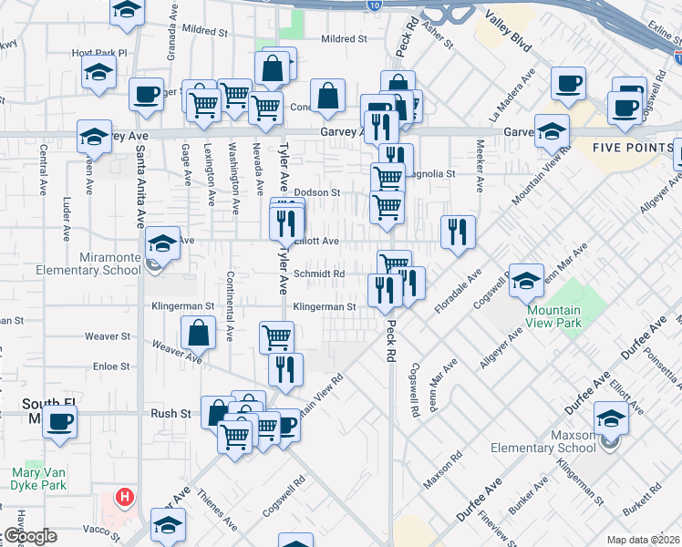 map of restaurants, bars, coffee shops, grocery stores, and more near 11101 Schmidt Road in El Monte