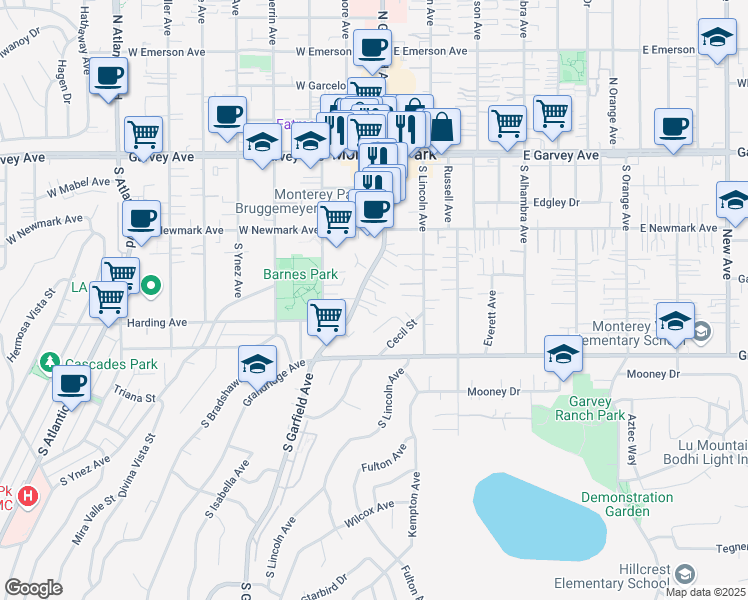 map of restaurants, bars, coffee shops, grocery stores, and more near 420 South Garfield Avenue in Monterey Park