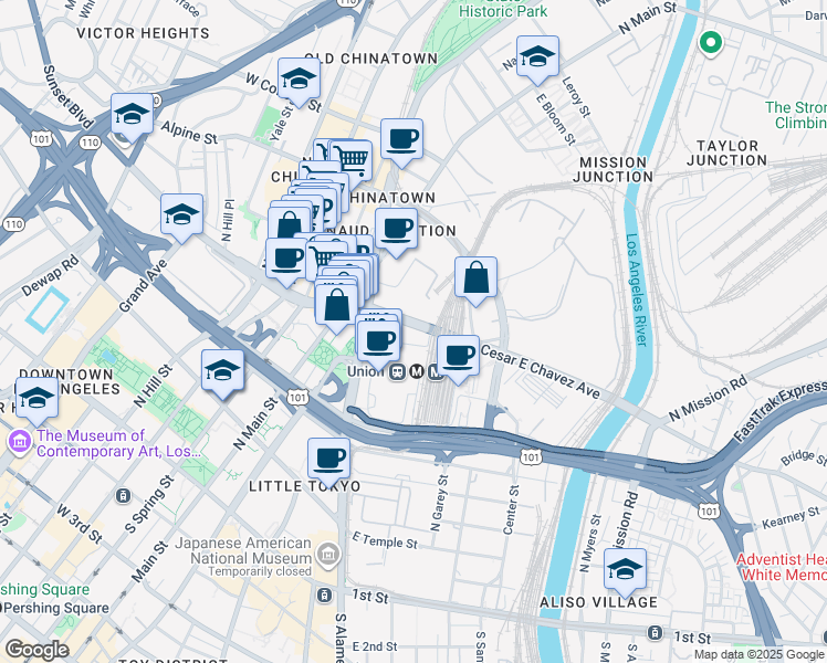 map of restaurants, bars, coffee shops, grocery stores, and more near 888 Alameda Street in Los Angeles