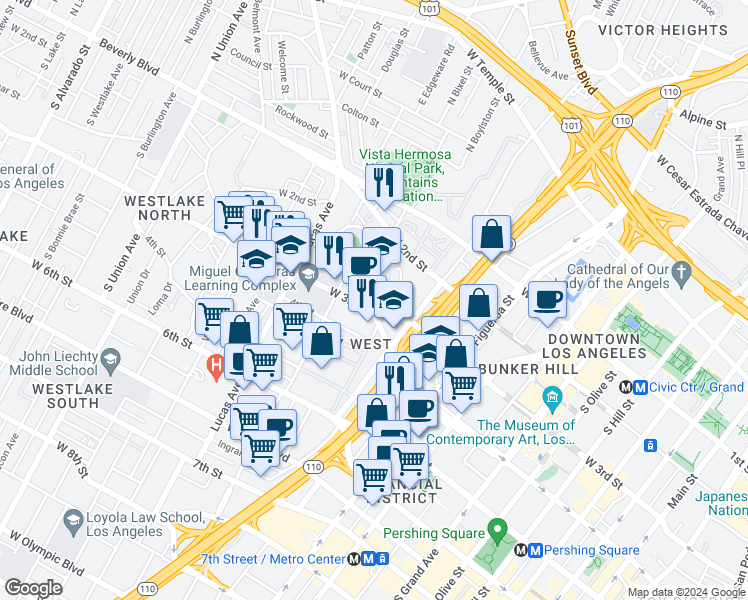 map of restaurants, bars, coffee shops, grocery stores, and more near 1221 West 3rd Street in Los Angeles