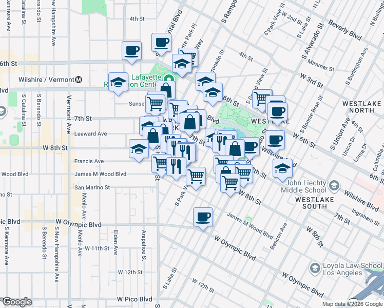 map of restaurants, bars, coffee shops, grocery stores, and more near 724 South Carondelet Street in Los Angeles